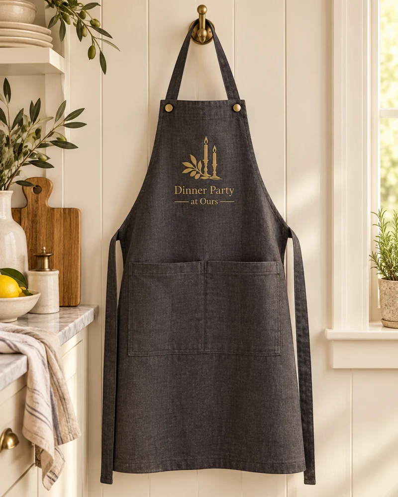 Charcoal apron with the candlelit Dinner Party at Ours logo — design concept
